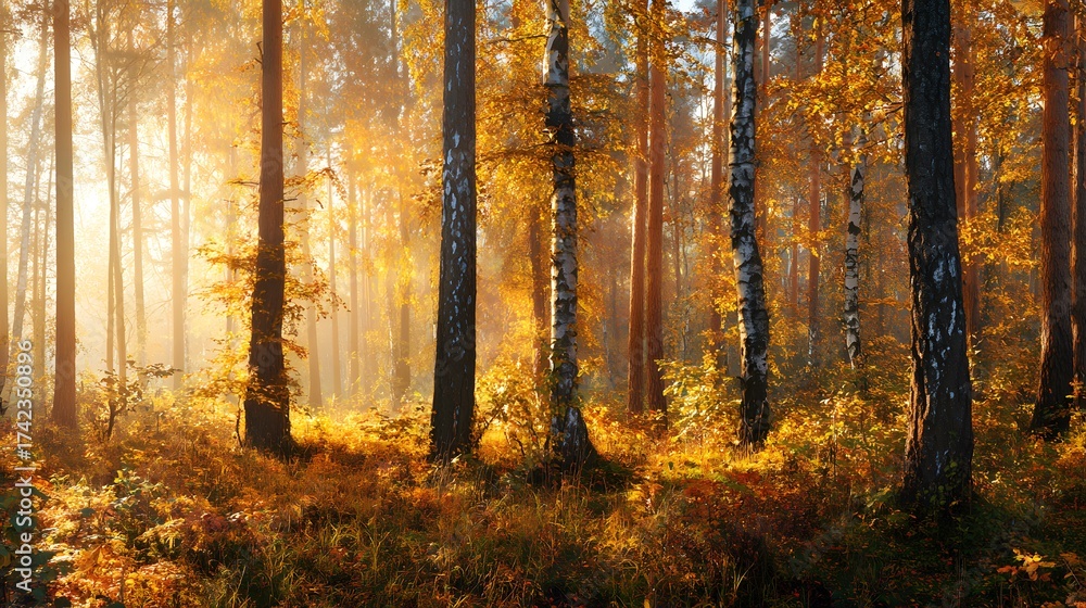 Fototapeta premium Golden autumn forest with tall maple and birch trees
