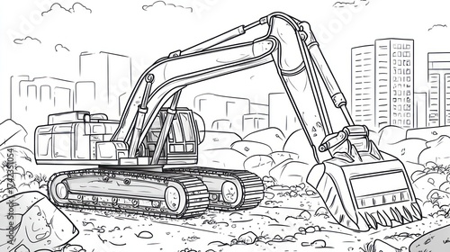 Excavator working on construction site, black and white, illustration, coloring book
