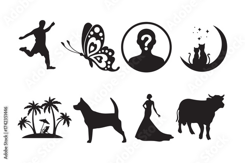 Butterfly, Dog, Bride, and Tropical Island Silhouette Set