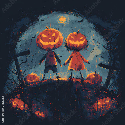 Moody Halloween Jack-o'-Lantern Children Standing in a Dark Graveyard