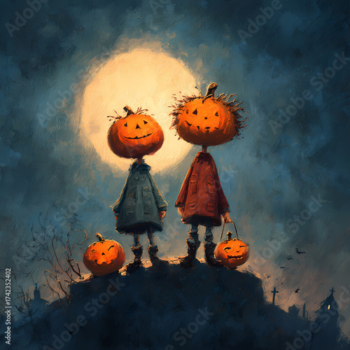 Painterly Halloween Scene Featuring Jack-O'-Lantern Children Under A Glowing Full Moon