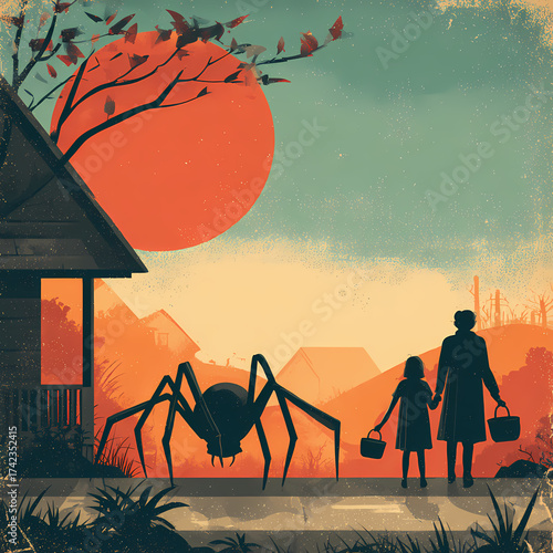 Mother, child, and massive spider silhouette against orange teal autumnal sky