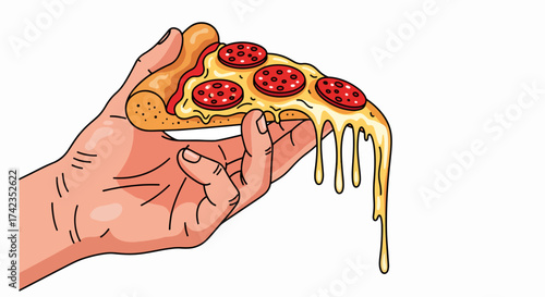 Hand holding hot pepperoni pizza, showcasing delicious melted cheese and flavorful pepperoni slices on a slice. This hot pepperoni pizza in hand is a perfect illustration of Italian cuisine