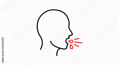 Human head coughing depicted by red droplets, a symbolic illustration of viral spread. Coughing is depicted with red drops, showing infection risk and transmission during flu season.