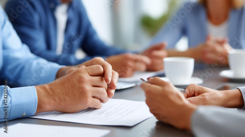 Union representatives meet with management team across negotiation table discussing contract terms with documents and coffee cups present labor relations union cooperation work