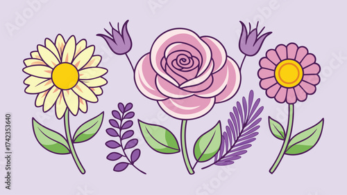 Colorful Cartoon Flower Illustration with Daisy and Rose Design