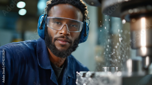 A skilled technician operates CNC milling machine in modern factory wearing safety glasses and hearing protection while precision metal parts are machined with coolant spray