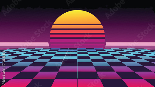 Retro Futuristic Sunset with Checkerboard Grid and Synthwave Colors
