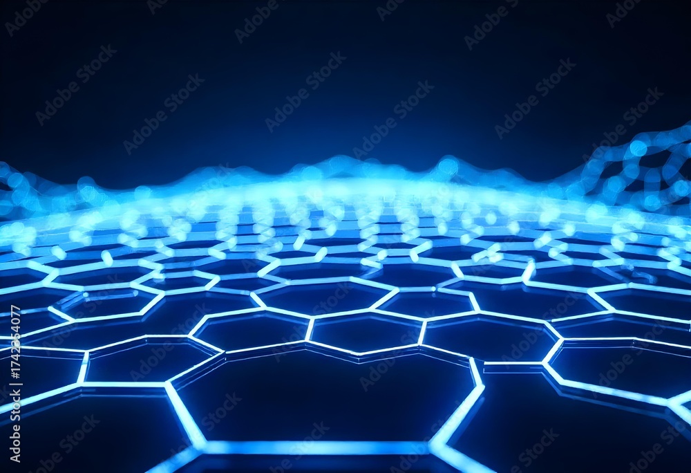 Obraz premium Hexagonal grid with blue neon lights, dark background, futuristic and technological design, abstract pattern,
