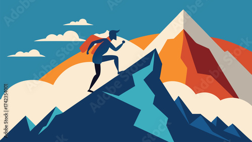 Inspirational Mountain Climber Artwork with Sunrise and Achievement Theme