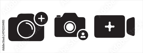 Camera with plus sign vector symbol