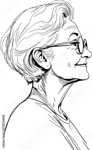 Monochrome Line Drawing of an Elderly Person in Profile Wearing Round Glasses and a Calm Expression Depicted with Minimalist Detail Emphasizing Age and Character