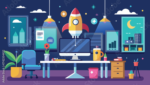 Creative office desk with rocket launch