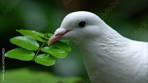 Close up of a white dove with green leaves in natural setting