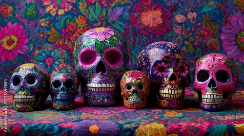 Colorful decorative skulls on vibrant floral background