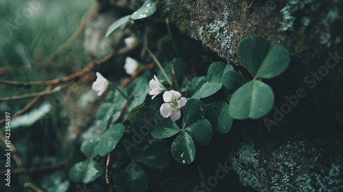 Delicate wildflower and clover composition on rock surface in natural setting