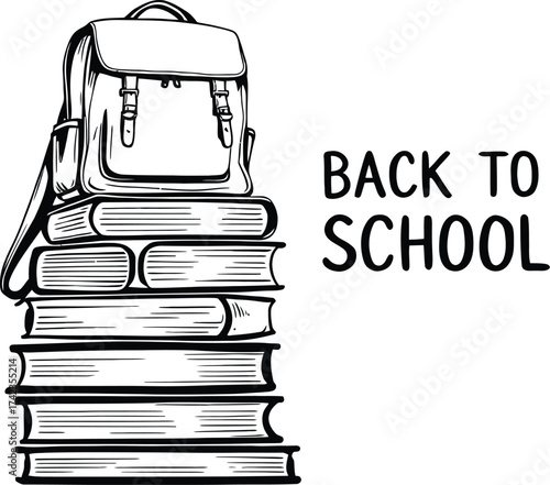 Monochrome Illustration of a Backpack Resting on a Stack of Books with Bold Back to School Text in a Stylized Sketch Symbolizing Academic Preparation