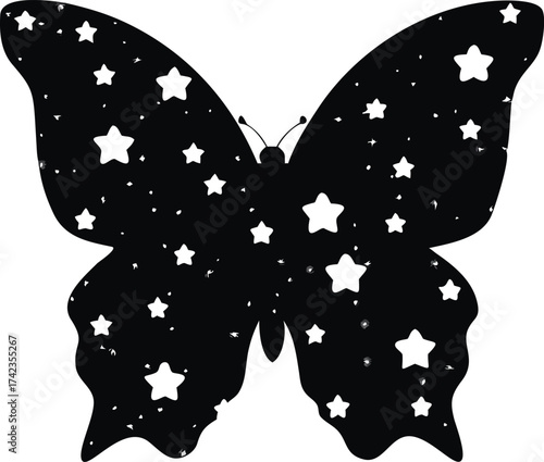Elegant butterfly silhouette filled with cosmic galaxy stars and celestial patterns isolated on white background isolated on transparent background