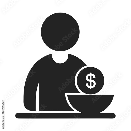 Person with dollar coin in bowl icon