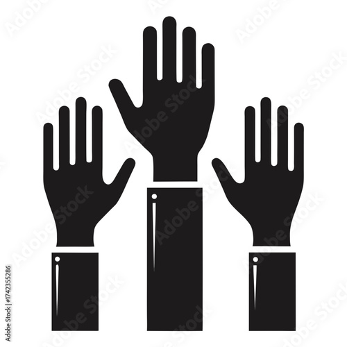 Three black hands raised up in a voting or participation concept
