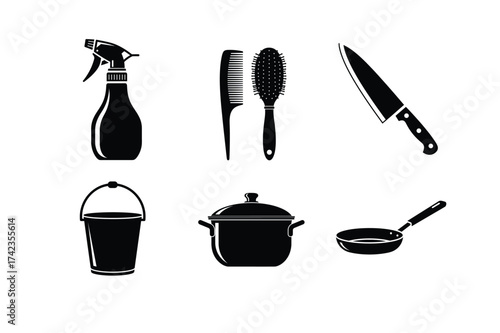 Assortment of black kitchen and grooming icons on white background Keywords: spray bottle