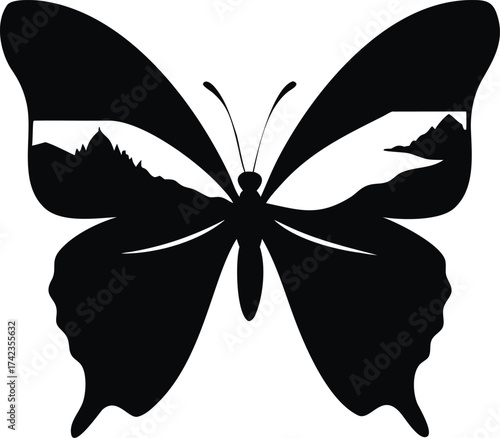 Artistic double exposure butterfly design featuring a scenic landscape inside isolated on white background isolated on transparent background