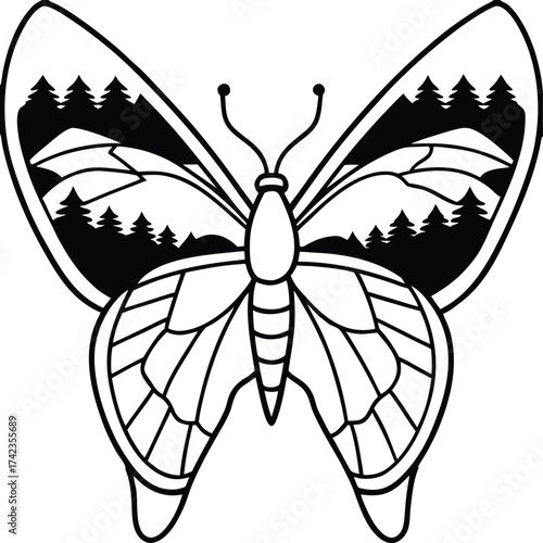 Artistic double exposure butterfly with inner landscape scene isolated on white background isolated on transparent background