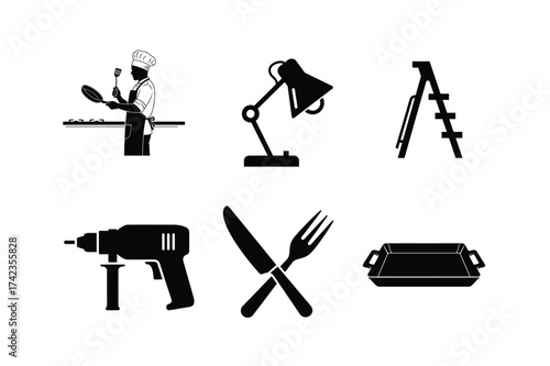 Diverse black icons of cooking, lighting, and tools on white background Keywords: chef, cook
