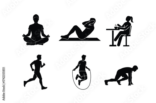 Fitness and Lifestyle Icons Set Showing Yoga Running and Eating vector illustration