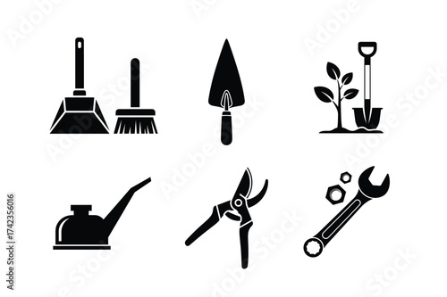 Gardening and Repair Tools Icons Black Silhouettes on White Background dustpan and brush trowel