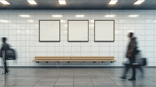 Fototapeta Naklejka Na Ścianę i Meble -  A minimalistic subway station scene with a bench and three empty frames on a tiled wall, capturing commuters in motion.