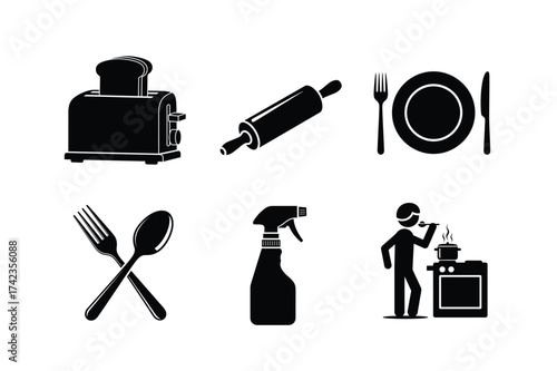 Kitchen and Cooking Icons Set With Toaster Rolling Pin and Person Cooking vector illustration