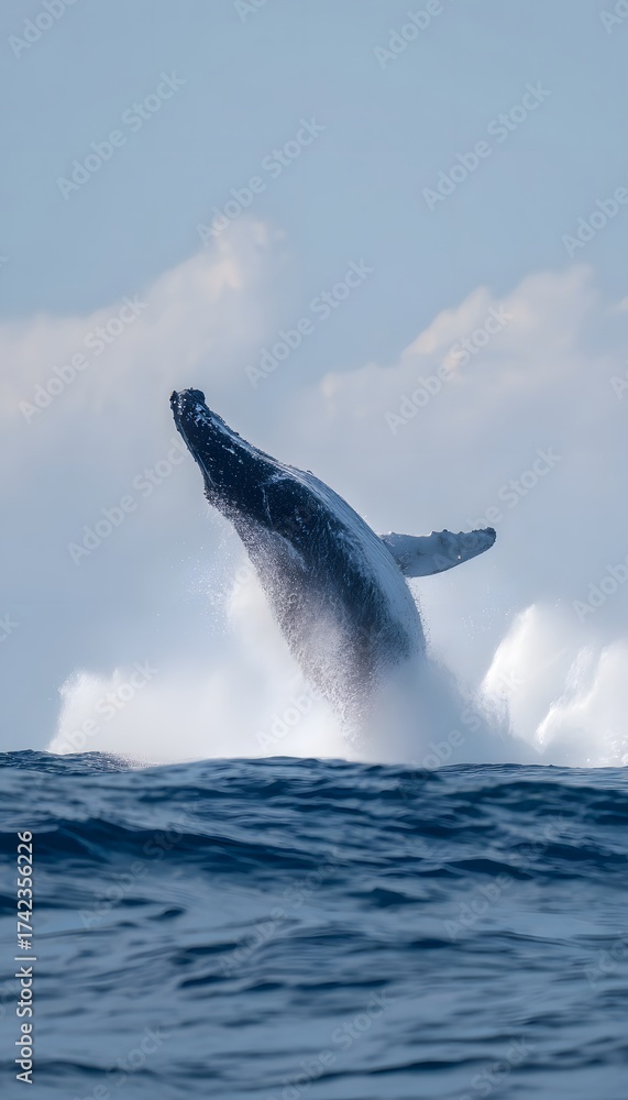 Fototapeta premium Humpback whale leaping high in ocean spray and sunlight