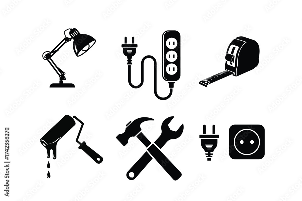 Obraz premium Tools and Electrical Icons Set Including Lamp Extension Cord and Hammer desk lamp