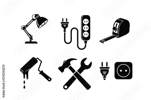 Tools and Electrical Icons Set Including Lamp Extension Cord and Hammer desk lamp