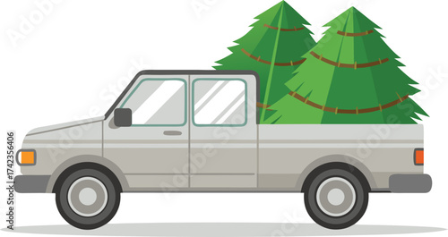 White pickup truck transporting a freshly cut green Christmas tree