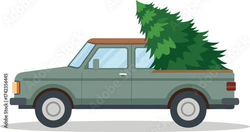 pickup truck transporting a freshly cut green Christmas tree