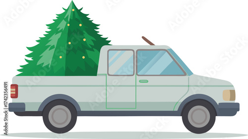 White pickup truck transporting a freshly cut green Christmas tree