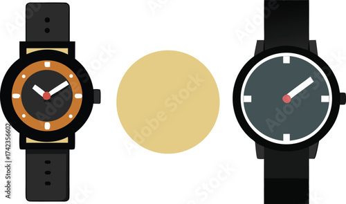 Two wristwatches side by side with beige circle
