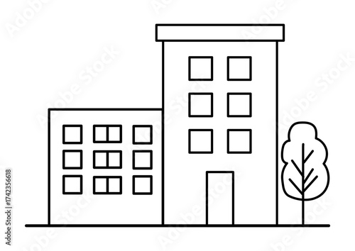 Abstract building line icon. Cityscape house silhouette with tree. Outline architecture for background illustration and graphic element.