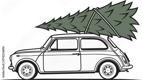 Vintage car transporting a large Christmas tree on its roof