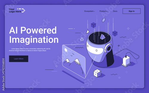 Robot head projecting landscape picture on purple background. AI powered imagination isometric landing page template. Generative images for business and hobby 3d vector illustration for web page