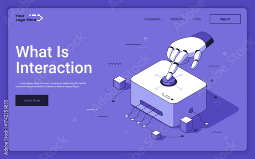 Robot hand presses control panel button on purple background. AI powered interactions isometric landing page template. Automation of industrial process 3d vector illustration for web page