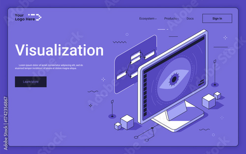 Computer screen with software generating images. Visualization isometric landing page template. AI algorithm in graphic design development 3d vector illustration for web page