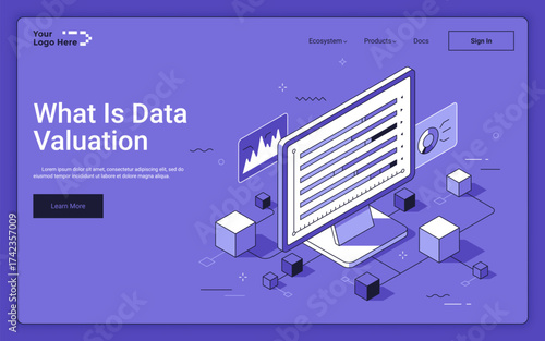 Computer monitor with infographic and blocks on purple background. Data valuation isometric landing page template. Accounting and information economics 3d vector illustration for web page