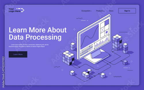 Modern computer analyzing digital information clusters on purple background. Data processing landing page isometric template. Technology of datasets collection 3d vector illustration for web page