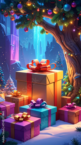 Festive Christmas Gifts Under a Decorated Tree in a Snowy Wonderland.