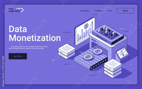 Coins on conveyor with info-chart and servers on purple background. Data monetization isometric landing page template. Concerting online information in money 3d vector illustration for web page