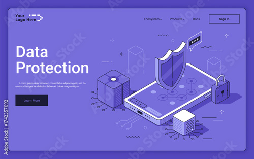 Smartphone with Shield cipher and padlock on purple background. Data protection isometric landing page template. Cybersecurity service for personal information 3d vector illustration for web page