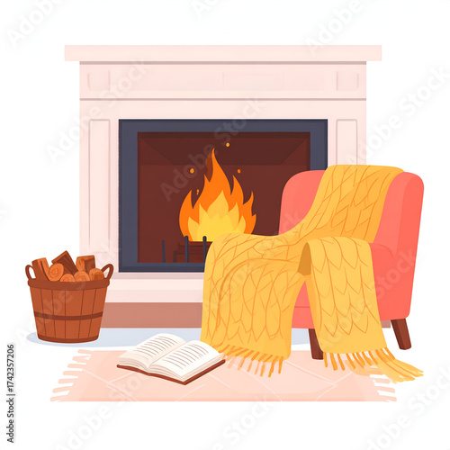Cozy living room interior with a burning fireplace and armchair.